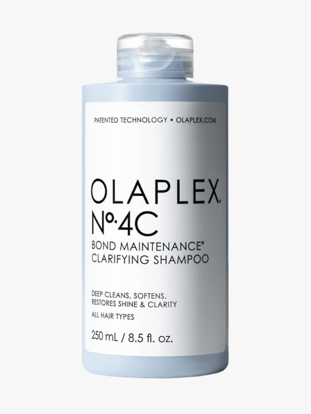 Olaplex No. 4C Bond Maintenance Clarifying Shampoo in a branded bottle component on a light gray background